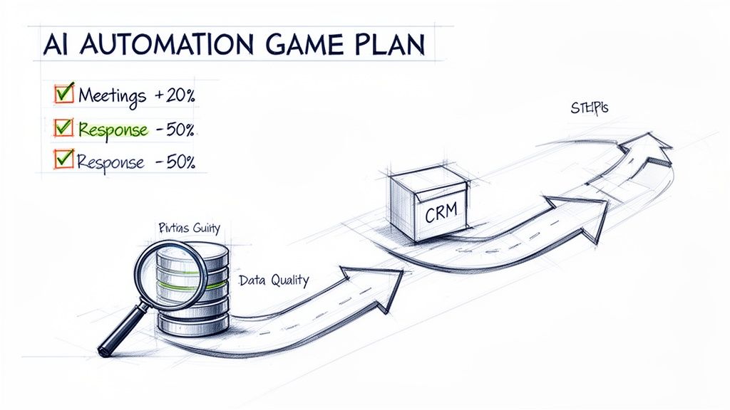 AI automation game plan showing objectives, data quality, CRM, and strategic steps with arrows.
