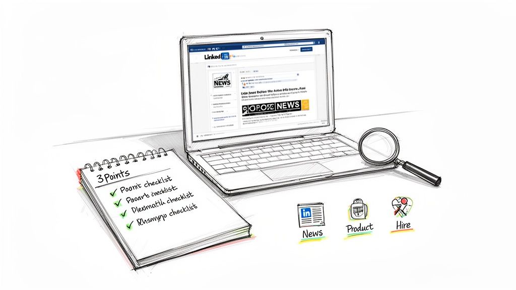 Sketch of a workspace with a laptop showing LinkedIn, a checklist, a magnifying glass, and business icons.