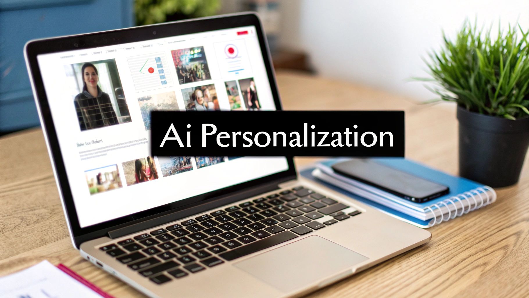 A laptop displaying 'AI Personalization' on its screen, surrounded by a smartphone, notebooks, and a plant on a wooden desk.
