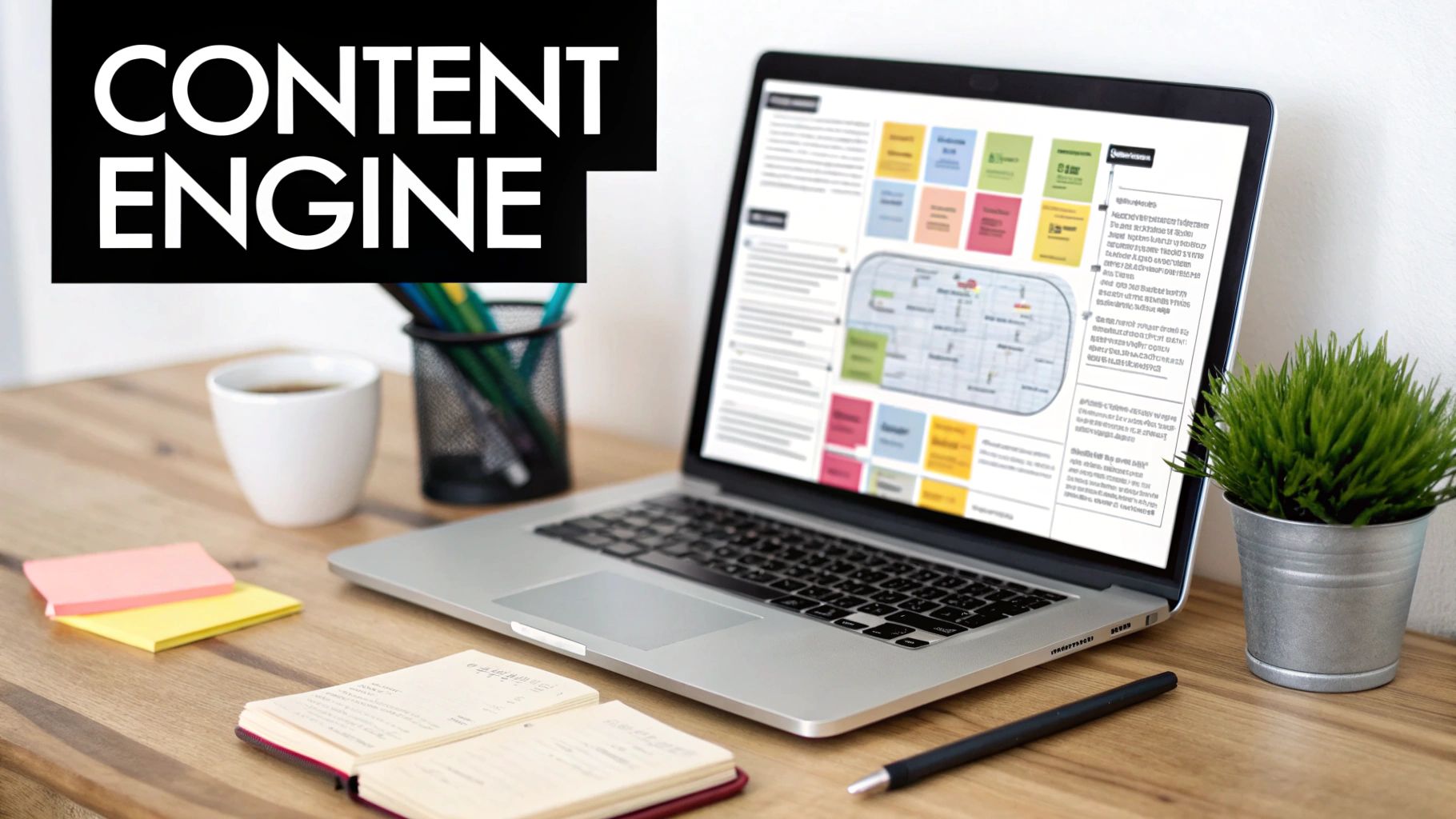 A desk setup with a laptop displaying a content engine strategy, coffee, and office supplies.