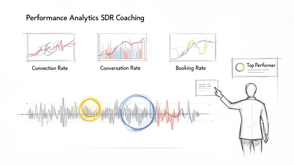 An illustration of performance analytics for SDR coaching, including charts, audio waveform, and top performer metrics.