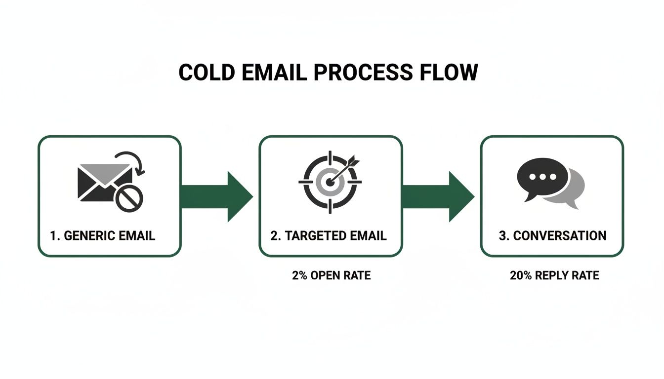 Flowchart illustrating a three-step cold email process from generic to targeted emails and conversation.