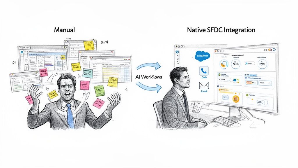 Illustration showing a frustrated man doing manual tasks transforming to a calm user with AI-powered Salesforce integration.