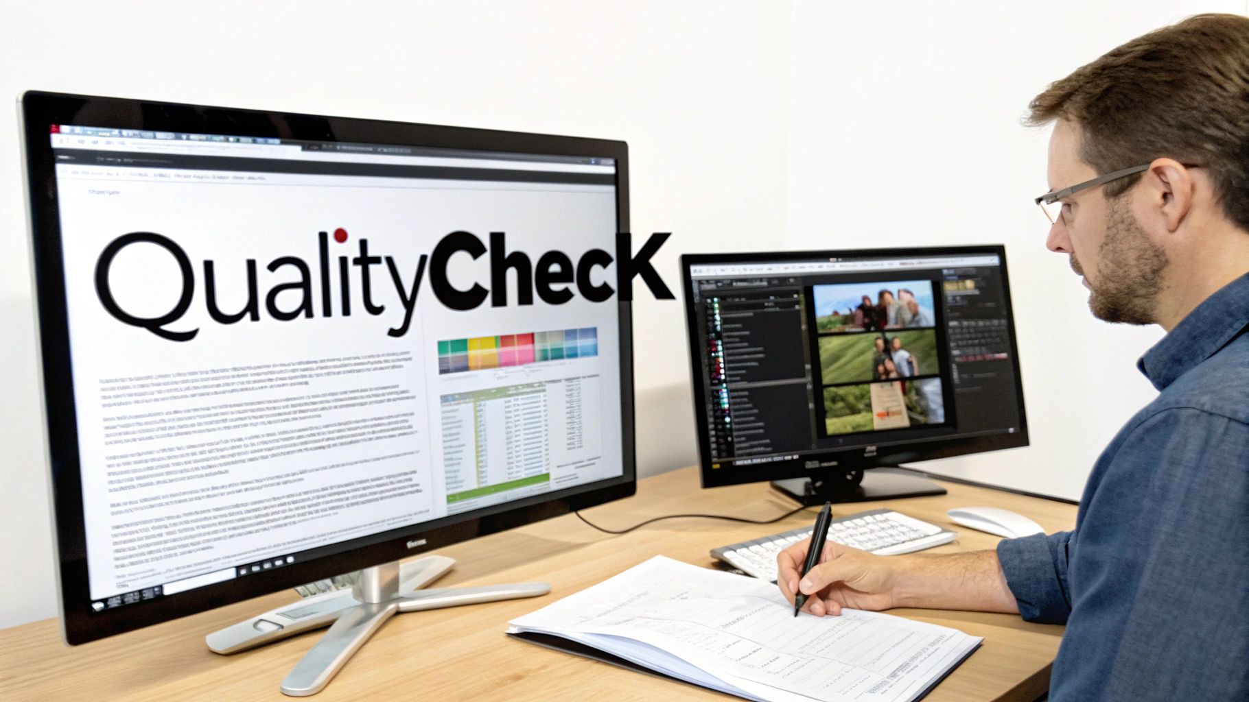 Man reviewing documents at a desk with two computer monitors displaying 'QualityCheck' and video editing software.