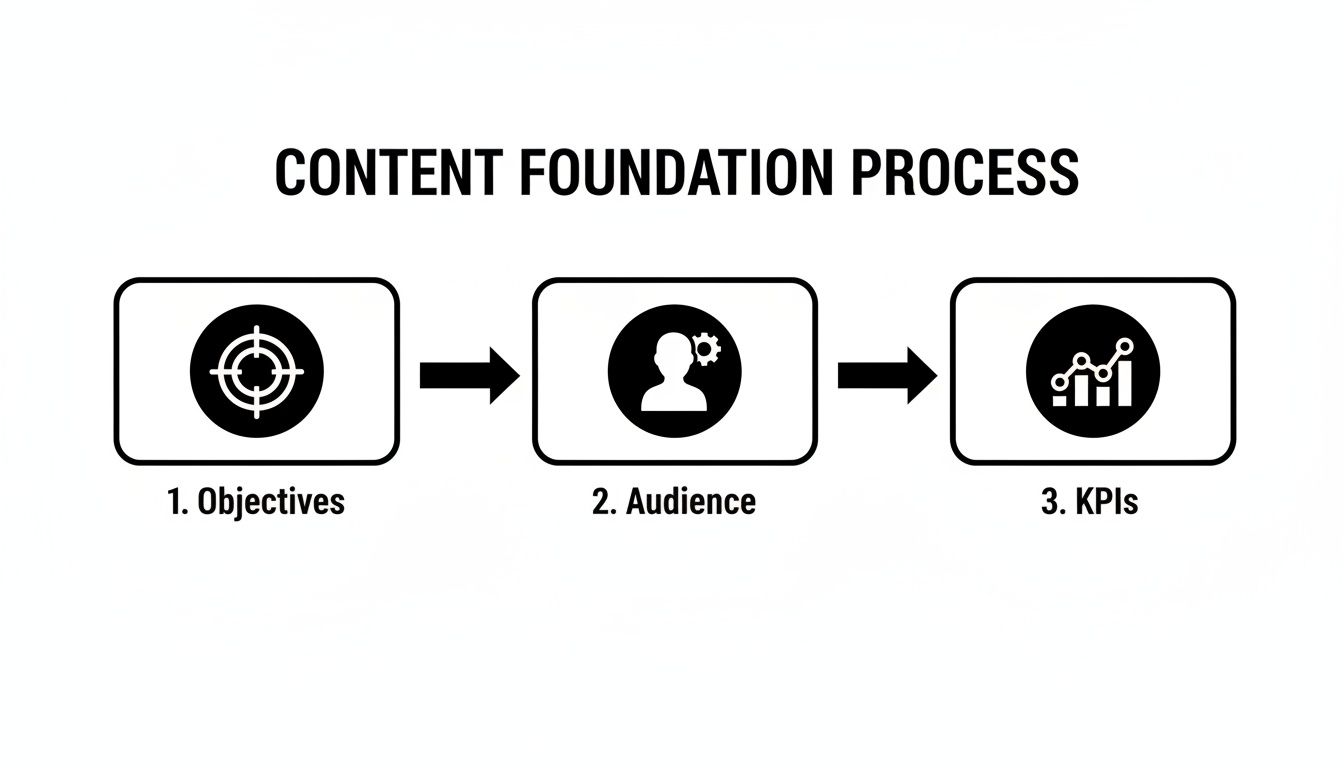 A diagram illustrating the content foundation process, including objectives, audience, and KPIs.