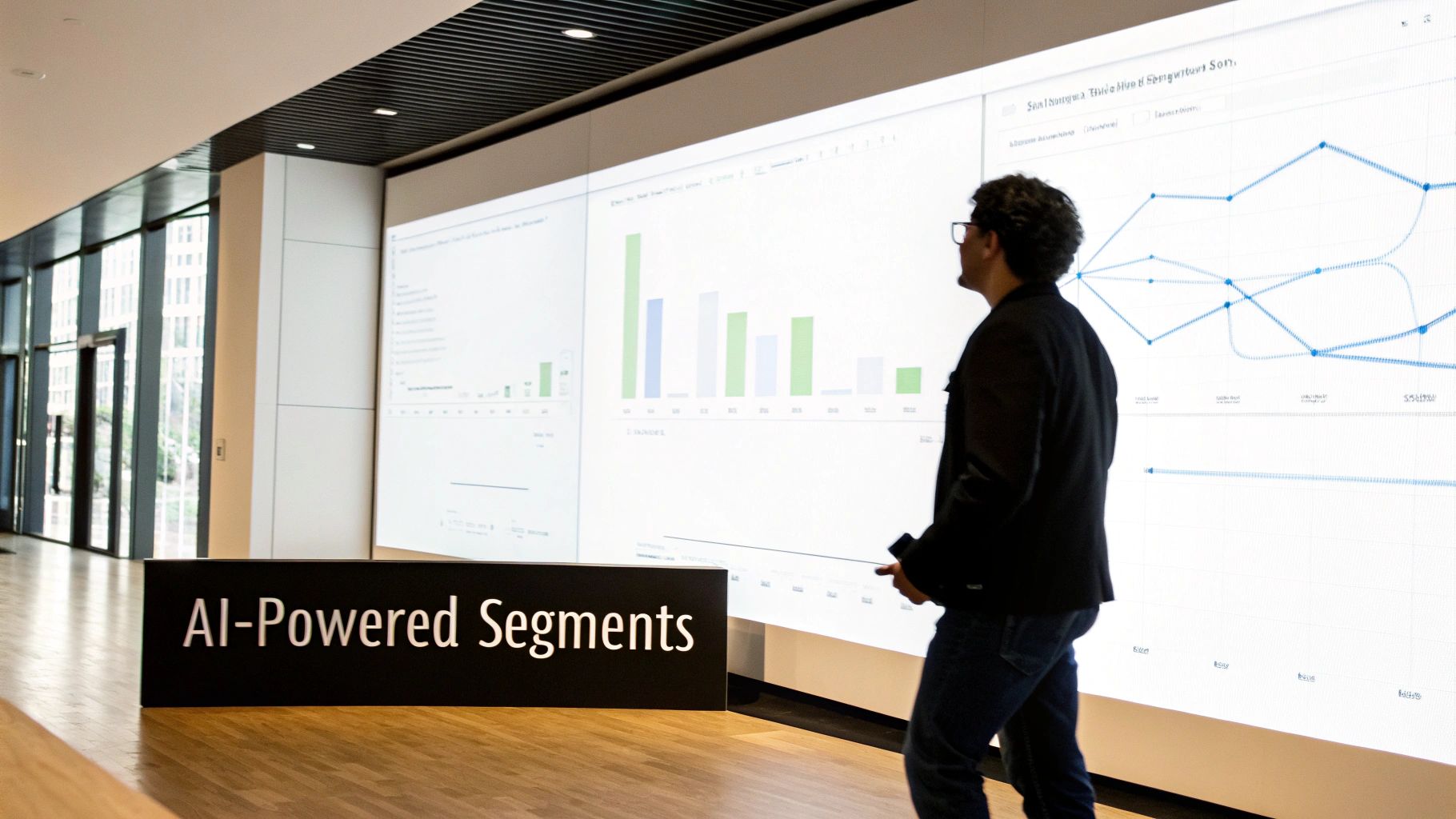 A person in glasses views AI-powered data segments on a large interactive screen in a modern room.