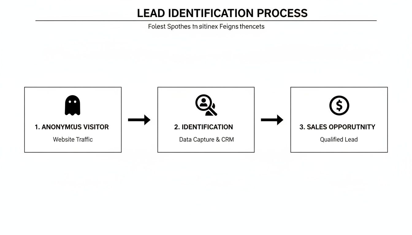 Diagram illustrating the lead identification process from anonymous website visitor to a qualified sales opportunity.