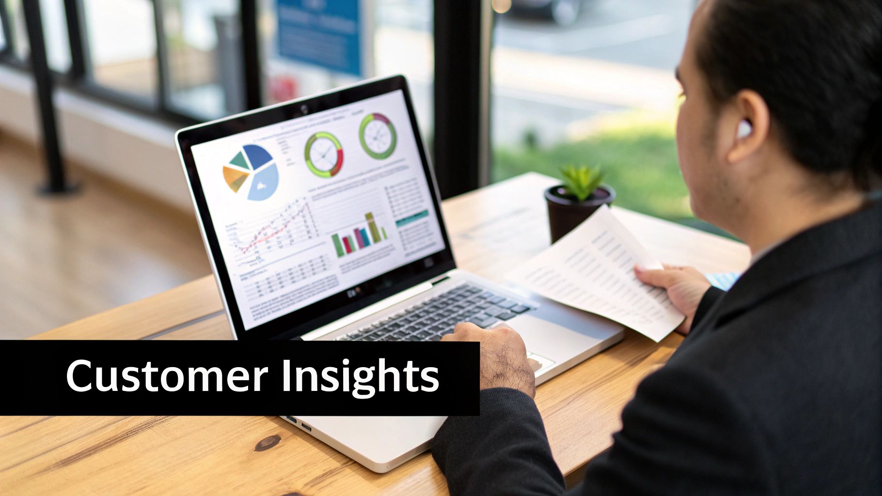 A person analyzing charts and graphs on multiple computer screens, representing data collection for a journey map.