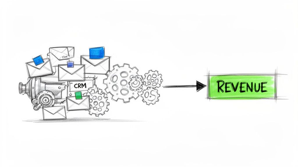 Sketch illustrating email marketing and CRM processes through gears, leading to revenue generation.