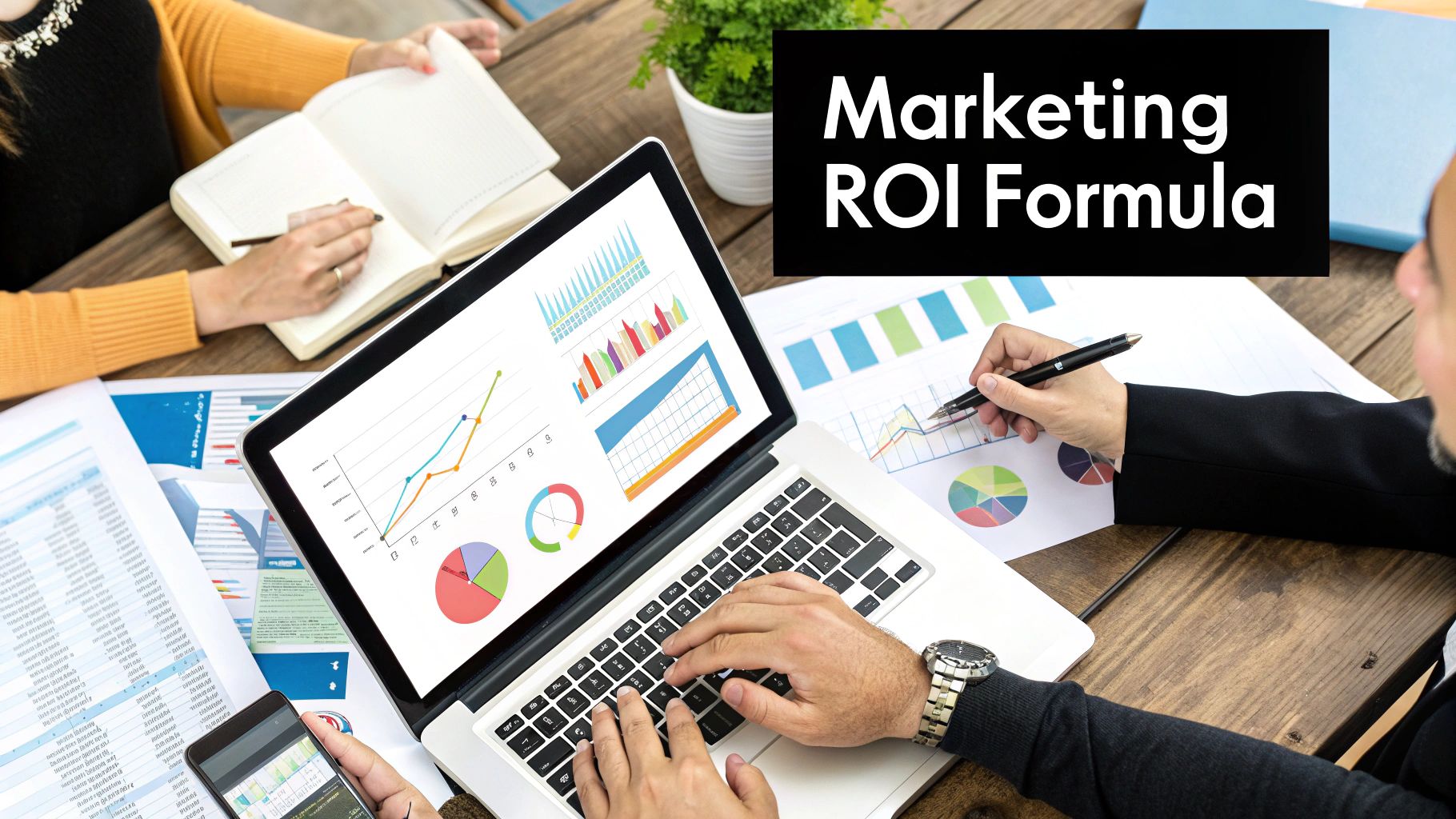 A calculator and a pen lying on a financial document, symbolizing the calculation of marketing ROI.