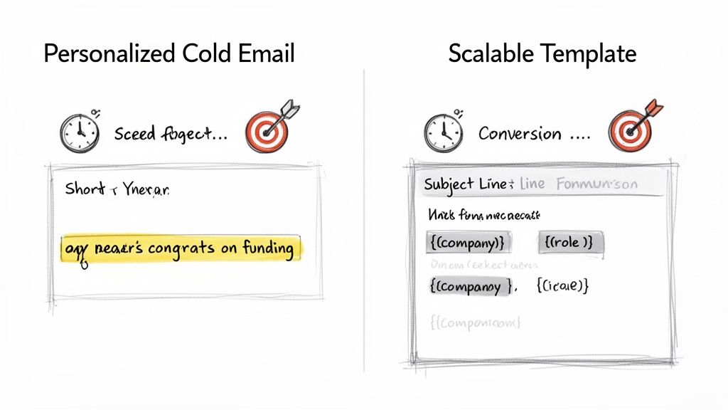 Image comparing personalized cold email with specific details to a scalable email template using placeholders.