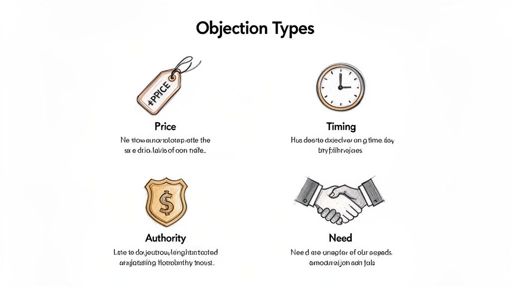 Illustration depicting four sales objection types: Price, Timing, Authority, and Need, with explanations.