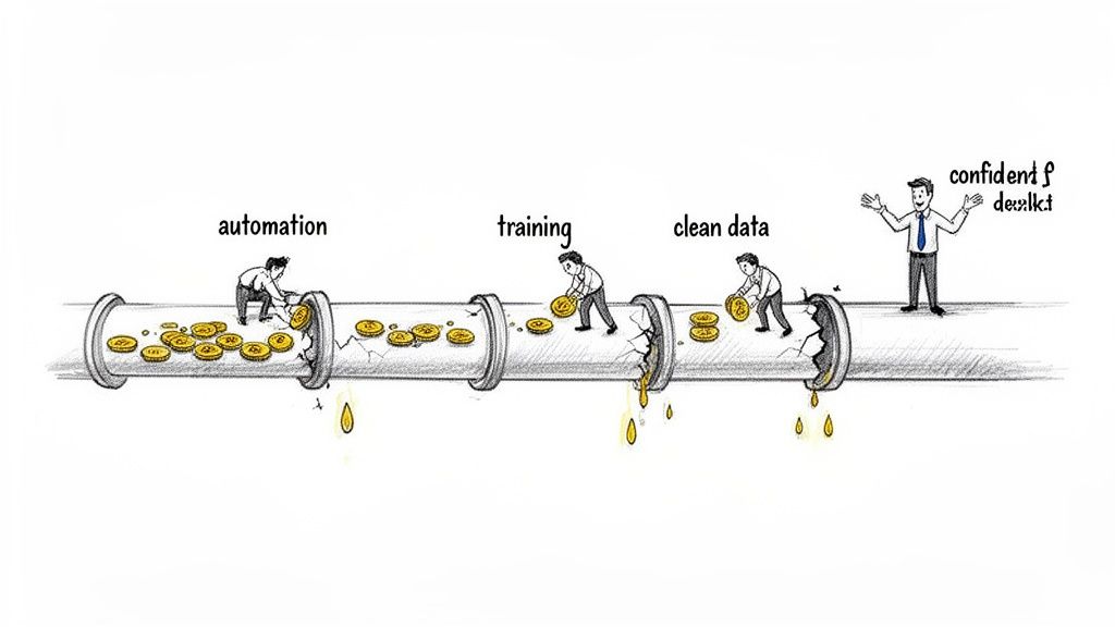A business pipeline losing value from automation, training, and clean data stages, with a confident man at the end.