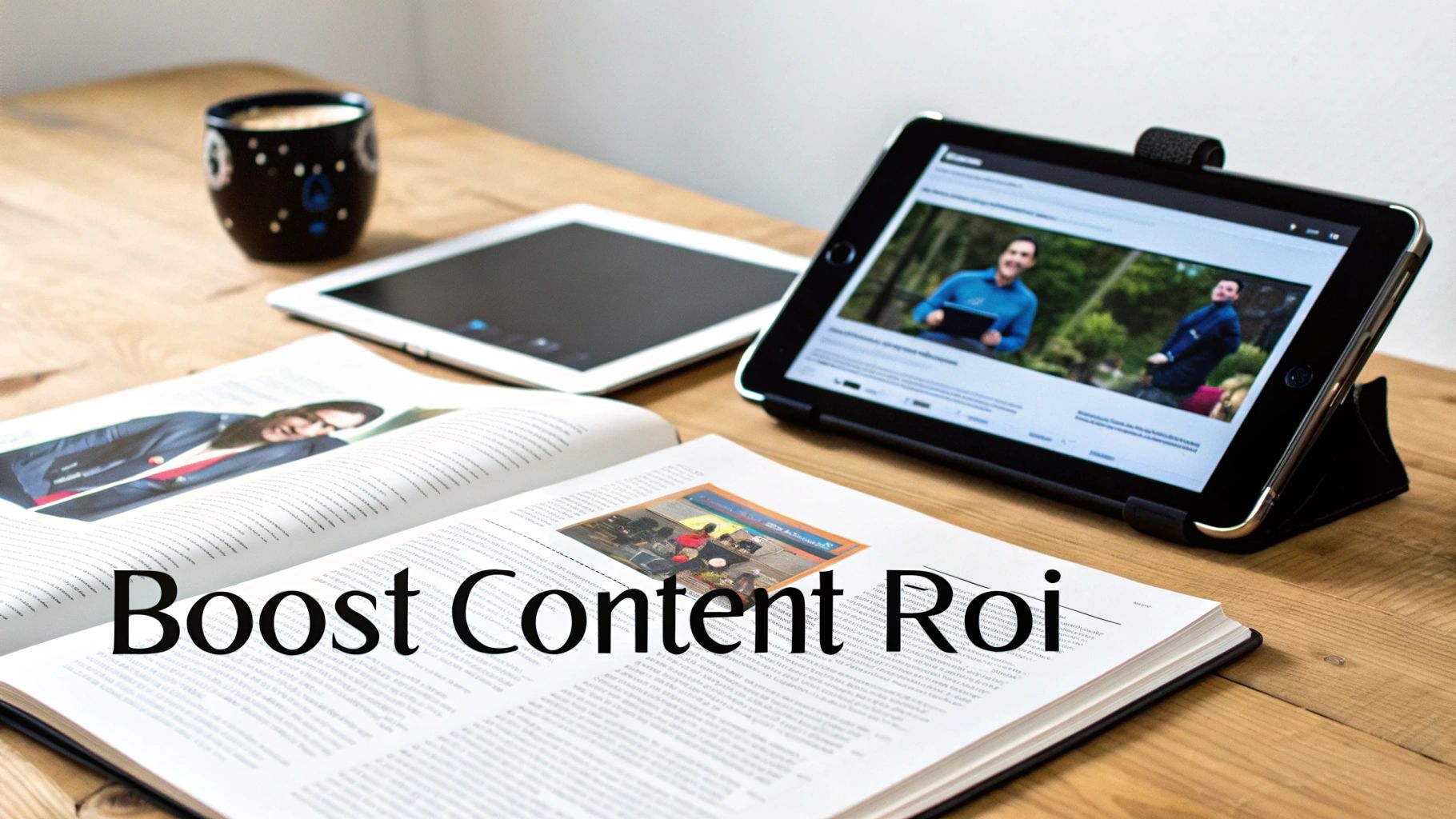 A modern desk with an open book, two tablets, and a coffee mug, illustrating content strategy.