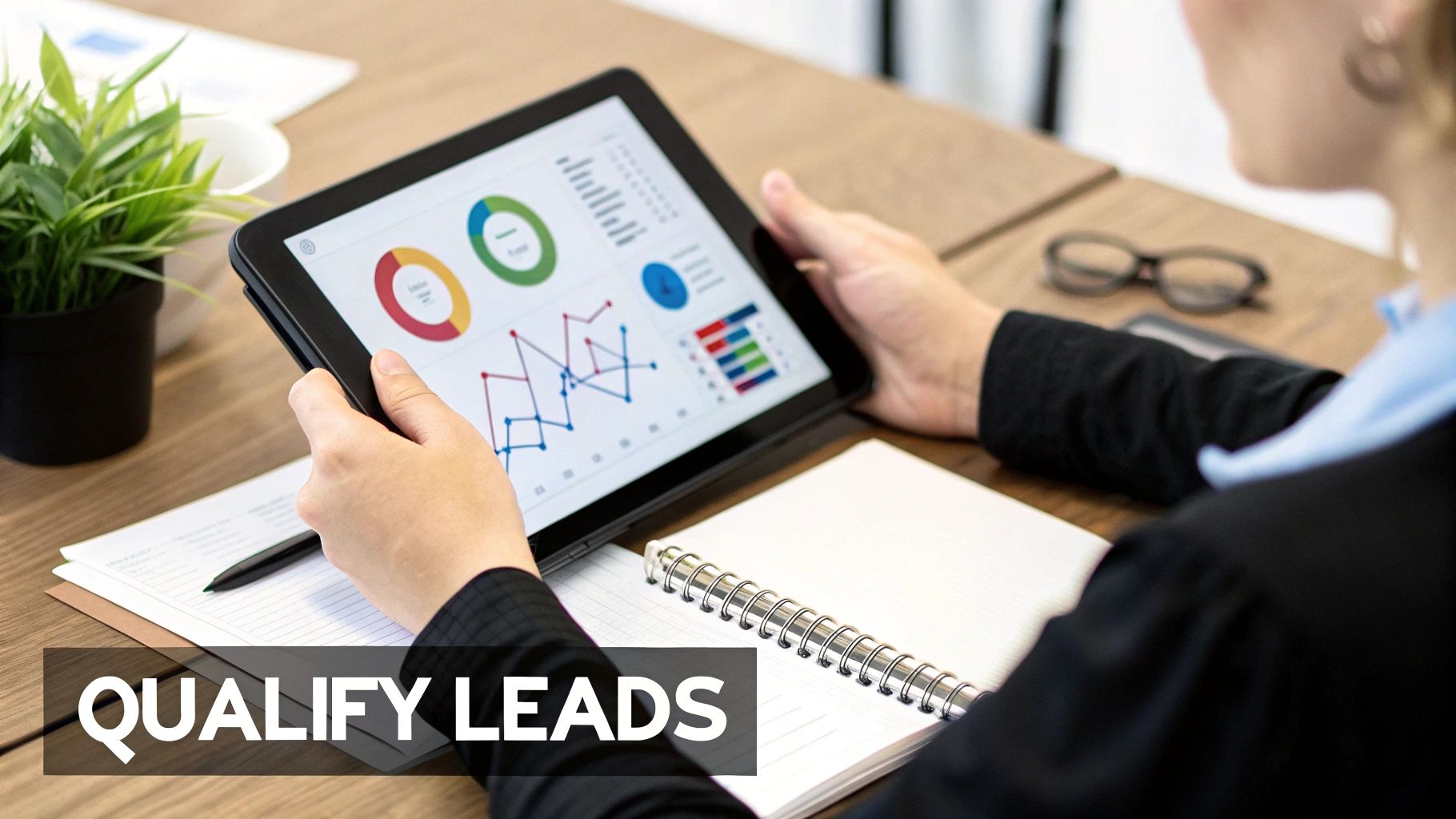 A person pointing at a financial chart on a large screen, symbolizing the direct connection between marketing efforts and revenue.