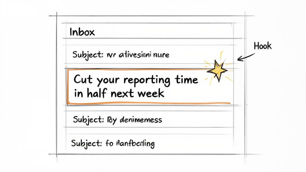 A hand-drawn sketch of an email inbox, highlighting a subject line 'Cut your reporting time in half next week' with a star and a 'Hook' label.