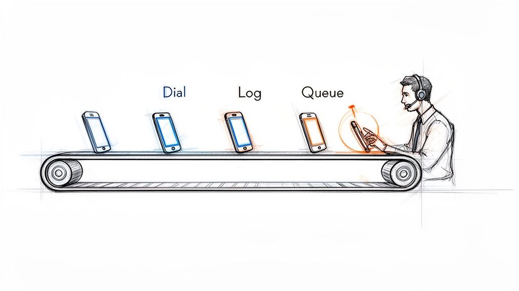 An illustration of call center automation: phones move on a conveyor belt through dial, log, queue, and agent handling.