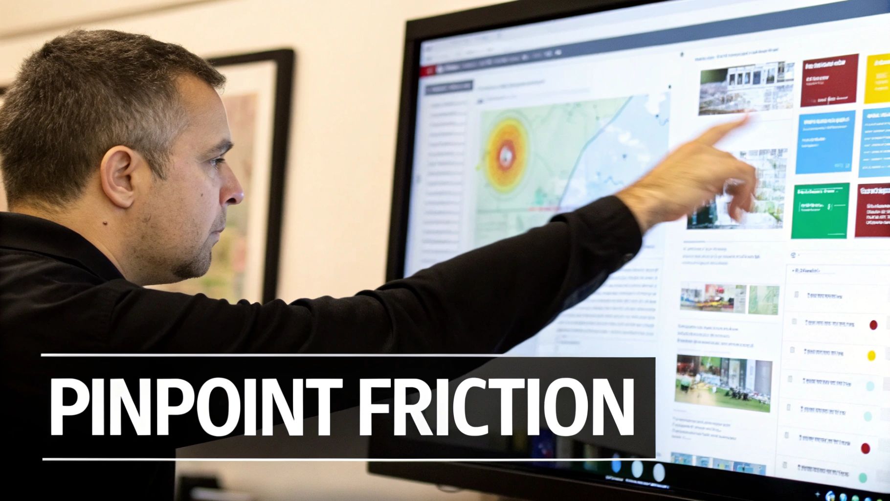 A magnifying glass hovering over a digital analytics dashboard, highlighting areas for improvement in a user journey.