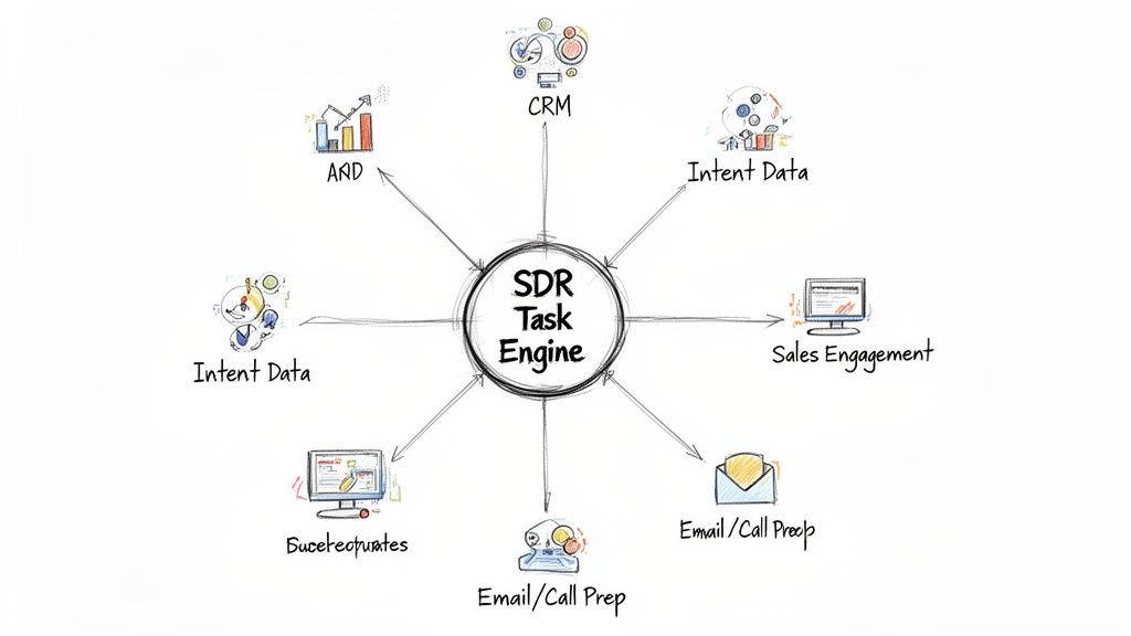 Hand-drawn diagram showing an SDR Task Engine at the center, integrating with CRM, intent data, sales engagement, and email/call prep.