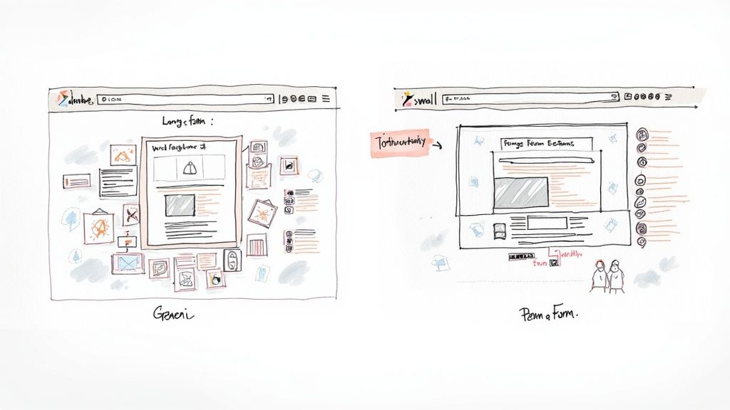 Two hand-drawn web page layouts illustrating a generic long-form versus a concise, to-the-point form.