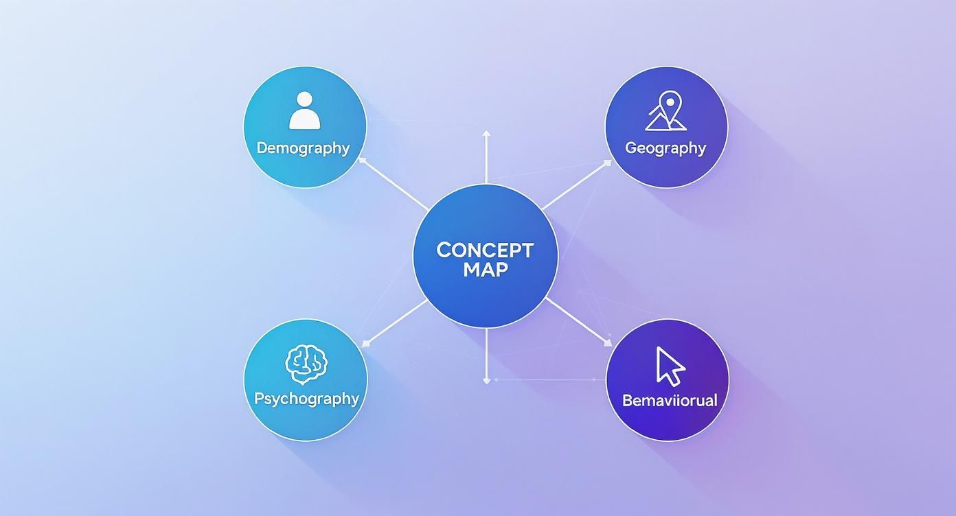 A concept map illustrating audience segmentation categories: demography, geography, psychography, and behavioral.