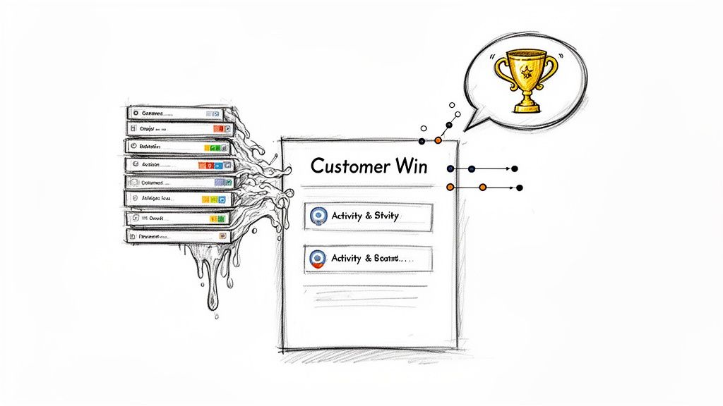 Illustration of diverse content elements streamlining into 'Customer Win' activities, culminating in a golden trophy.