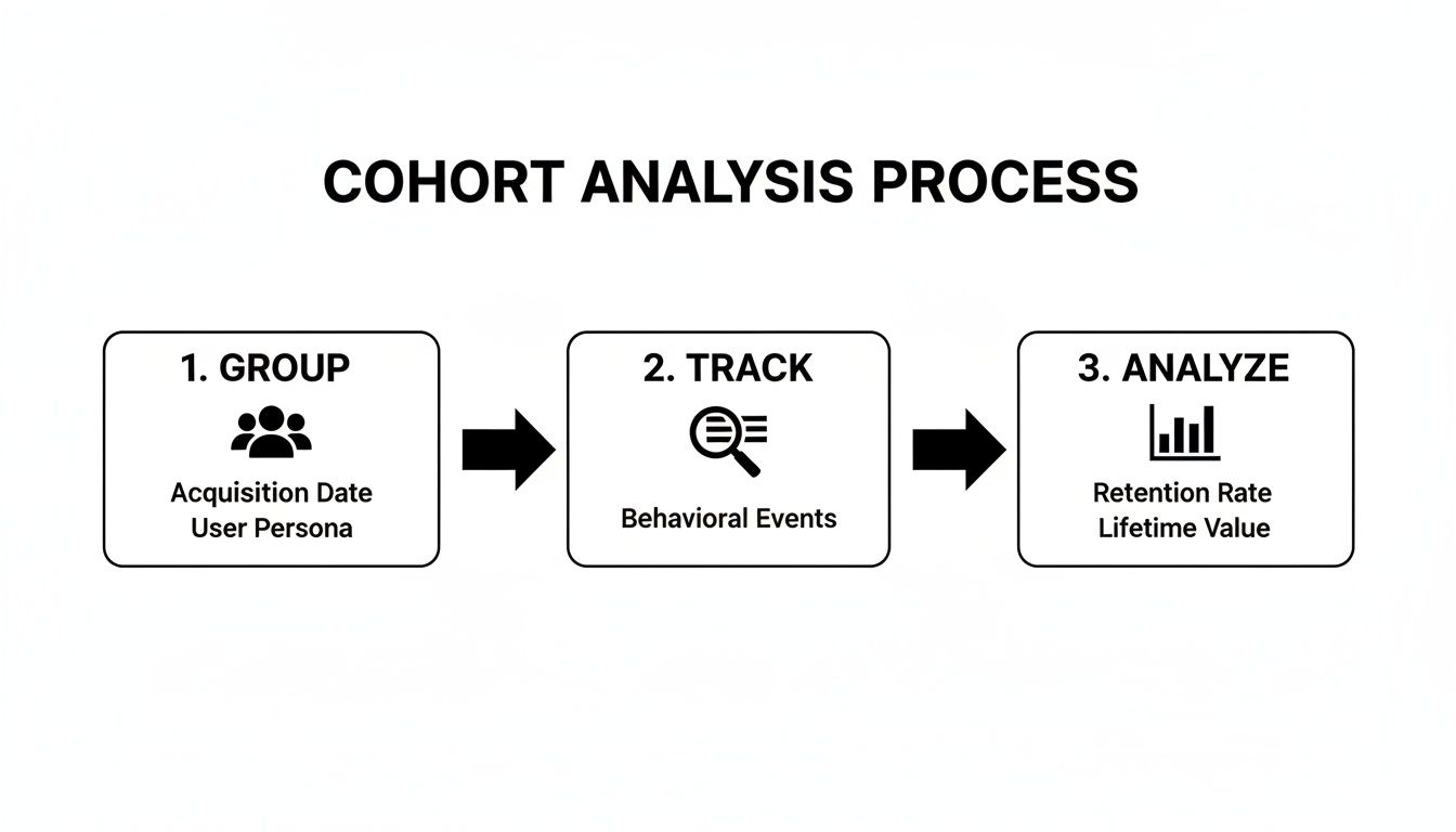 A flowchart outlining the steps of cohort analysis, including grouping users, tracking behavior, and analyzing metrics.