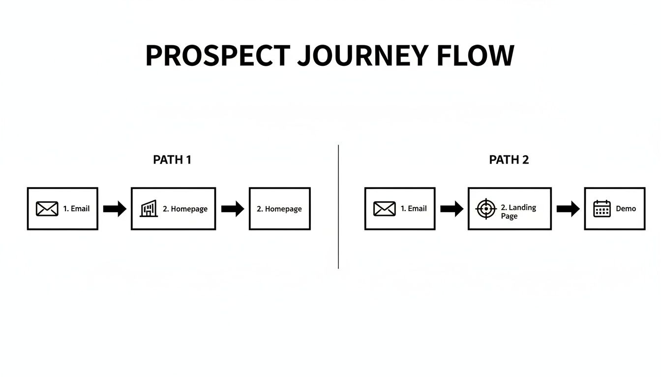 Flowchart showing two prospect journey flows: email to homepage, and email to landing page then demo.