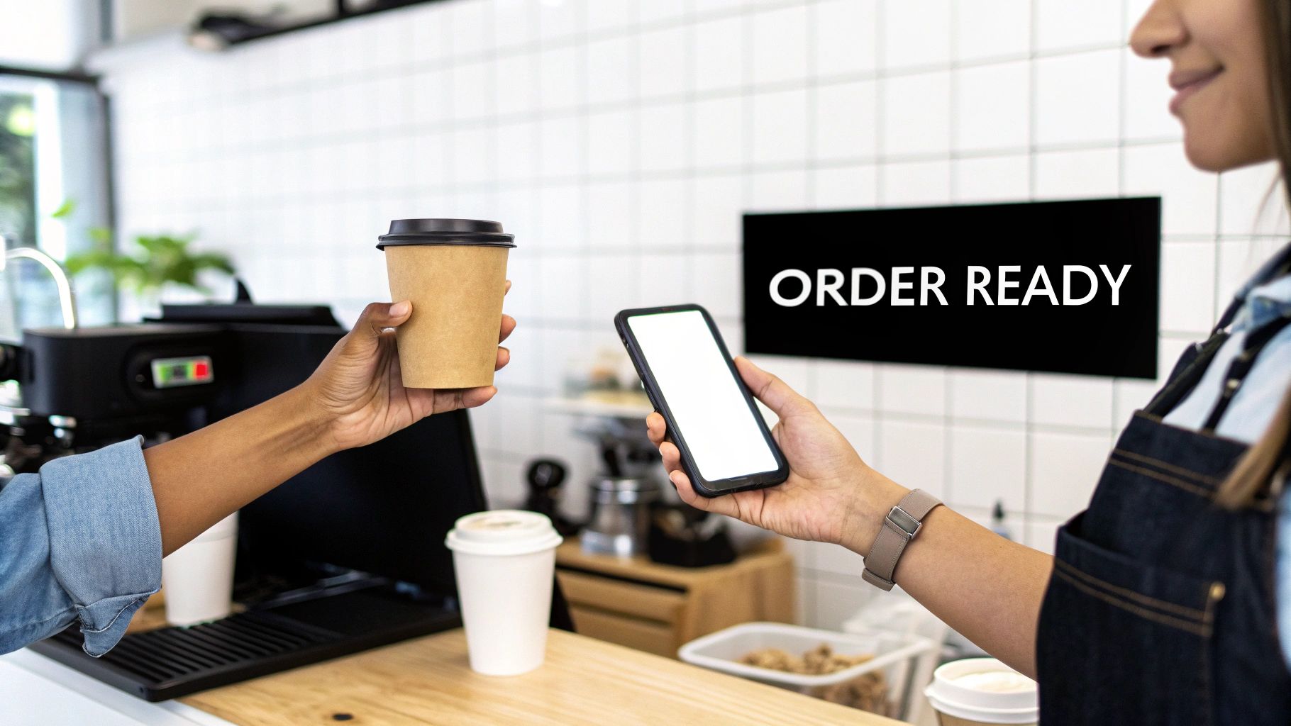 Hands exchanging a takeaway coffee and a smartphone at a cafe counter with an 'ORDER READY' sign.