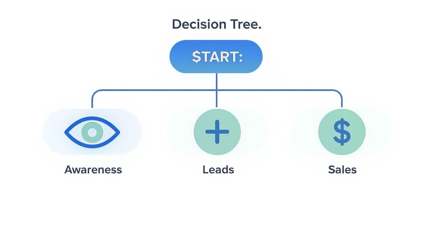 A decision tree diagram showing marketing effectiveness, starting with START, branching into Awareness, Leads, and Sales.