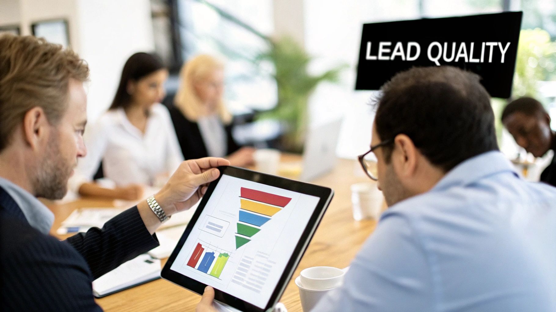 A team of marketers reviewing sales readiness charts and data on a large screen in a modern office.