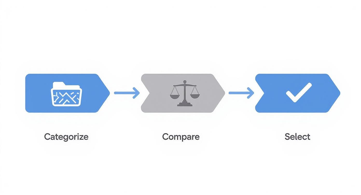A three-step process infographic showing Categorize, Compare, and Select with respective icons.