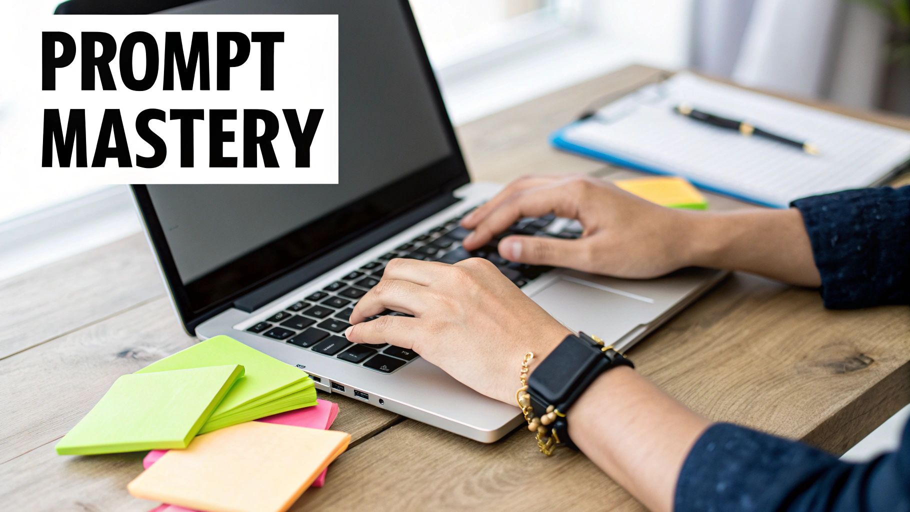 Hands typing on a laptop with 'PROMPT MASTERY' text overlay, next to colorful sticky notes.