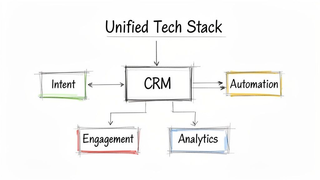 A diagram showing a Unified Tech Stack with CRM at its core, connecting Intent, Automation, Engagement, and Analytics.
