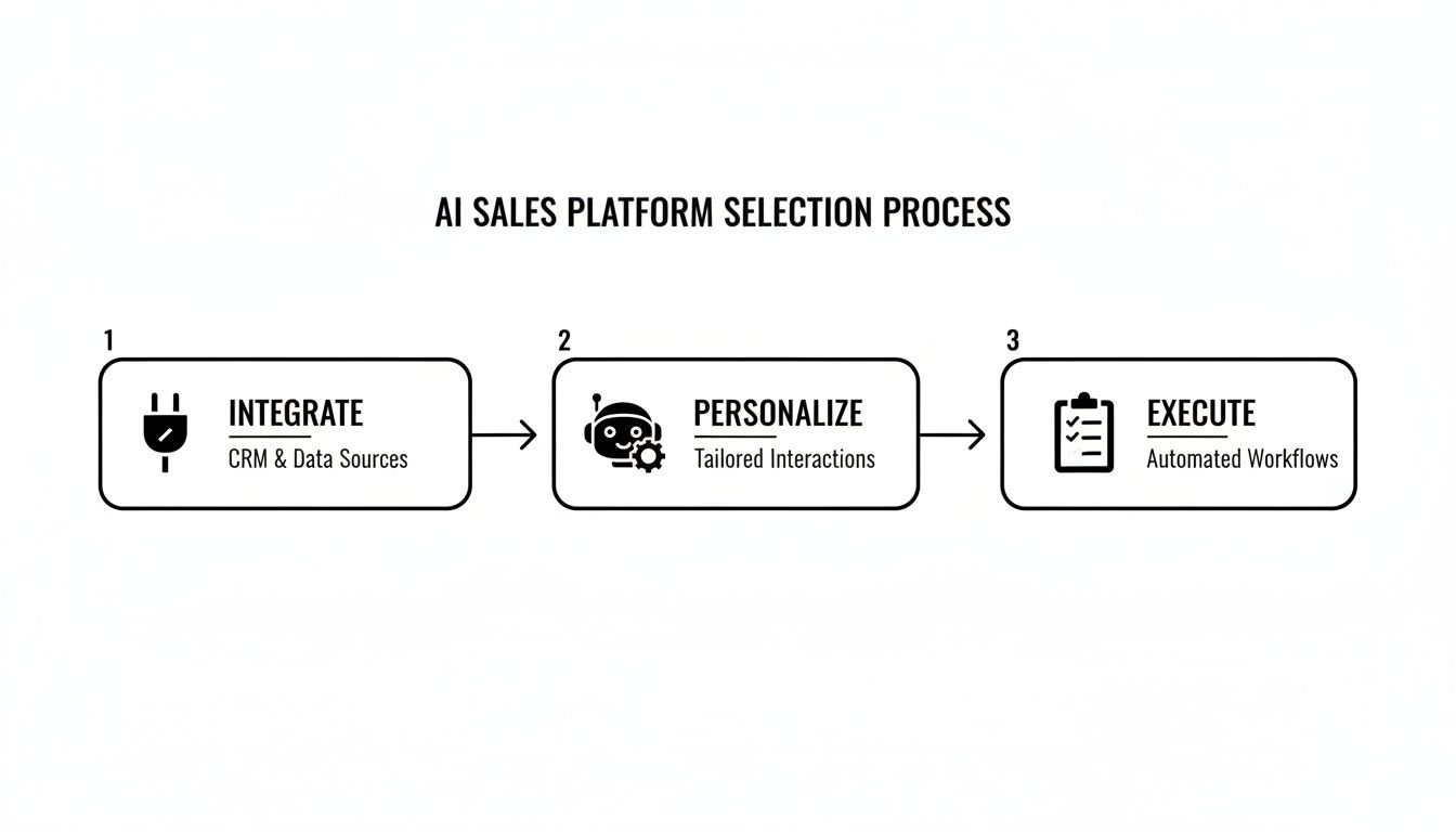 AI sales platform selection process flowchart: Integrate CRM, Personalize interactions, Execute automated workflows.