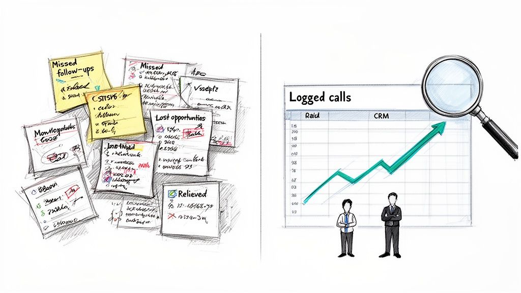 Image illustrating the transition from messy handwritten notes to efficient digital logging of phone calls.
