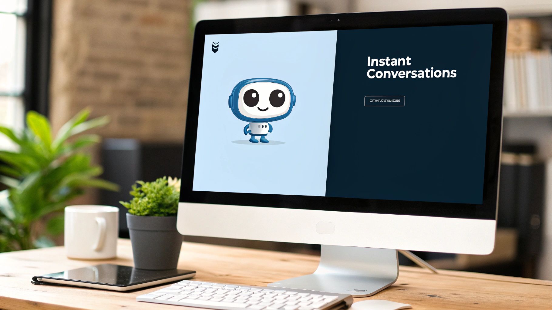 A friendly chatbot icon popping up on a laptop screen, symbolizing an engaging online conversation.