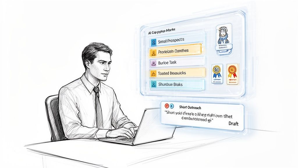 Sketch of a man using a laptop with transparent AI-powered marketing tools interface for work.