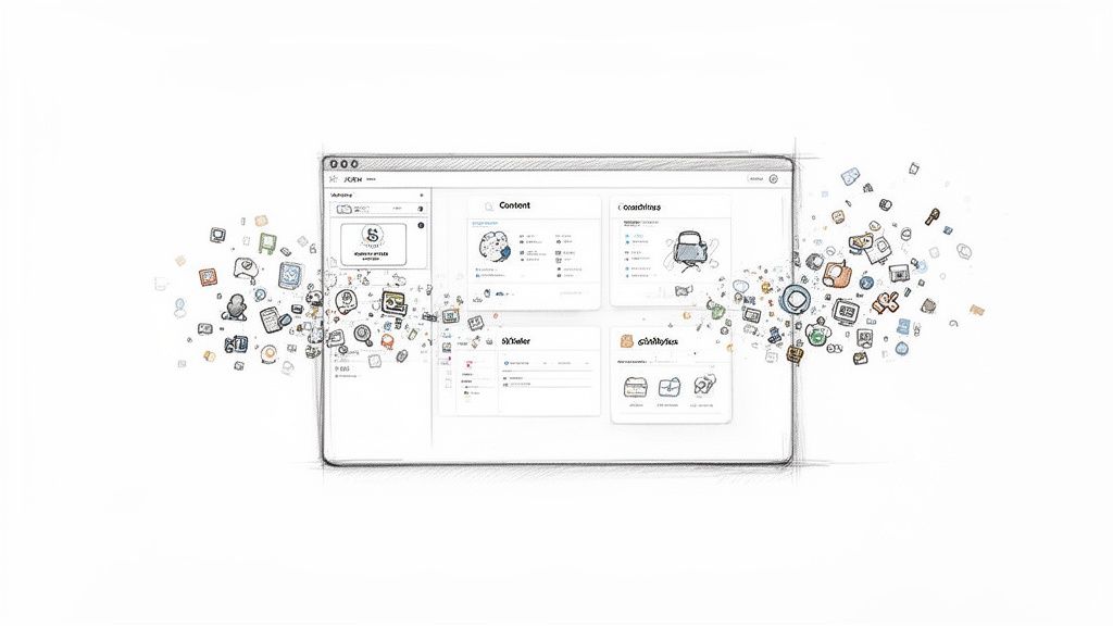 A whimsical sketch of a software interface with floating digital icons, representing content management.