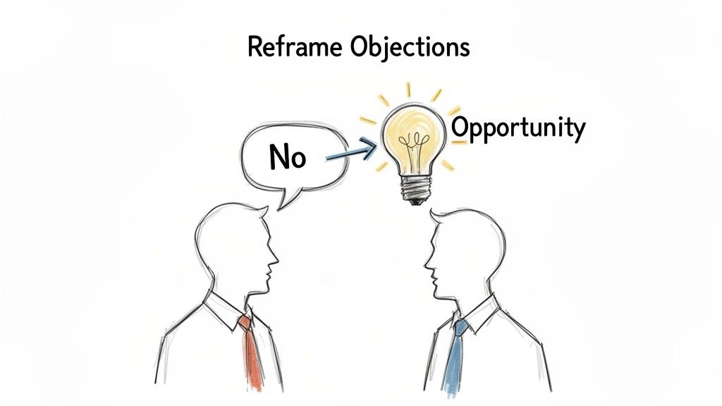 Two people, one with a 'No' thought bubble pointing to a lightbulb labeled 'Opportunity', illustrating how to reframe objections.
