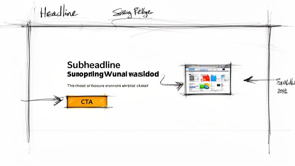 A hand-drawn wireframe sketch illustrating a landing page design with headline, subheadline, CTA, and content area.