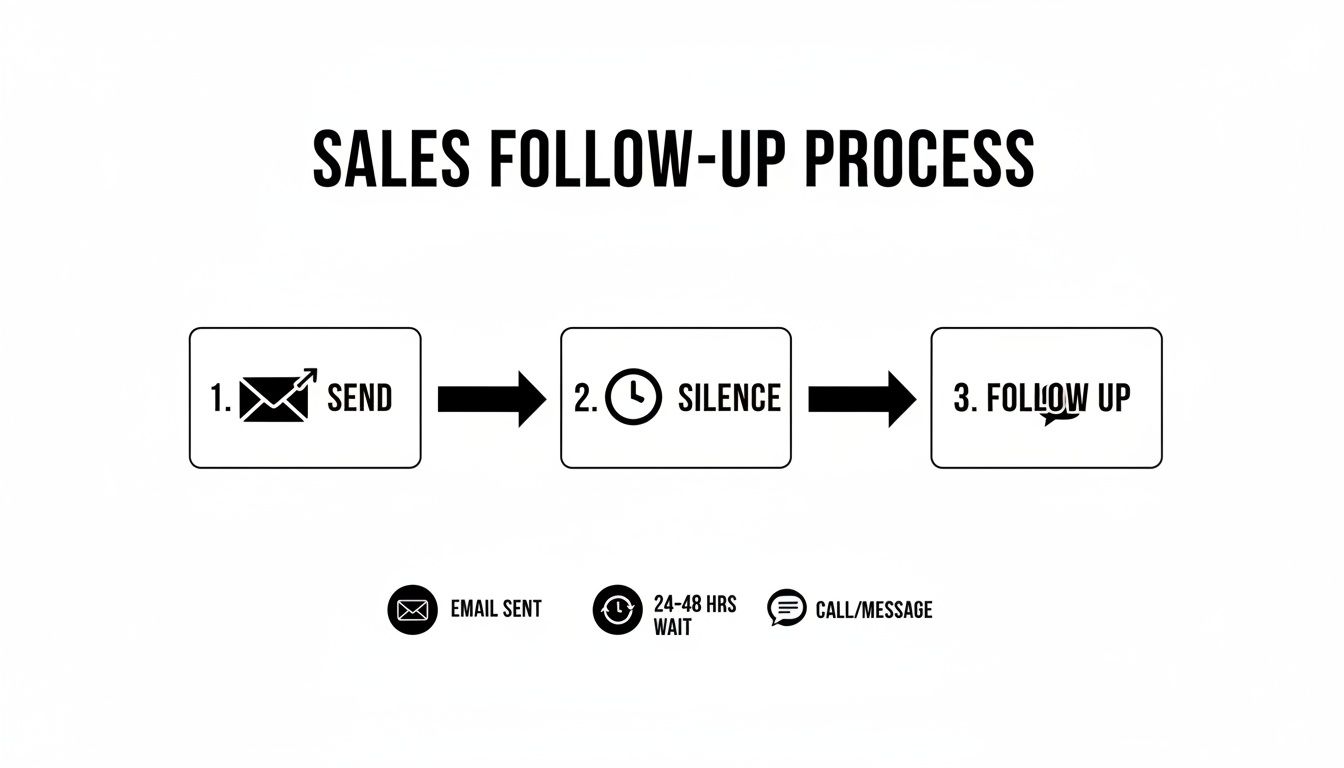 Infographic detailing a sales follow-up process: send email, wait 24-48 hours, then call or message.