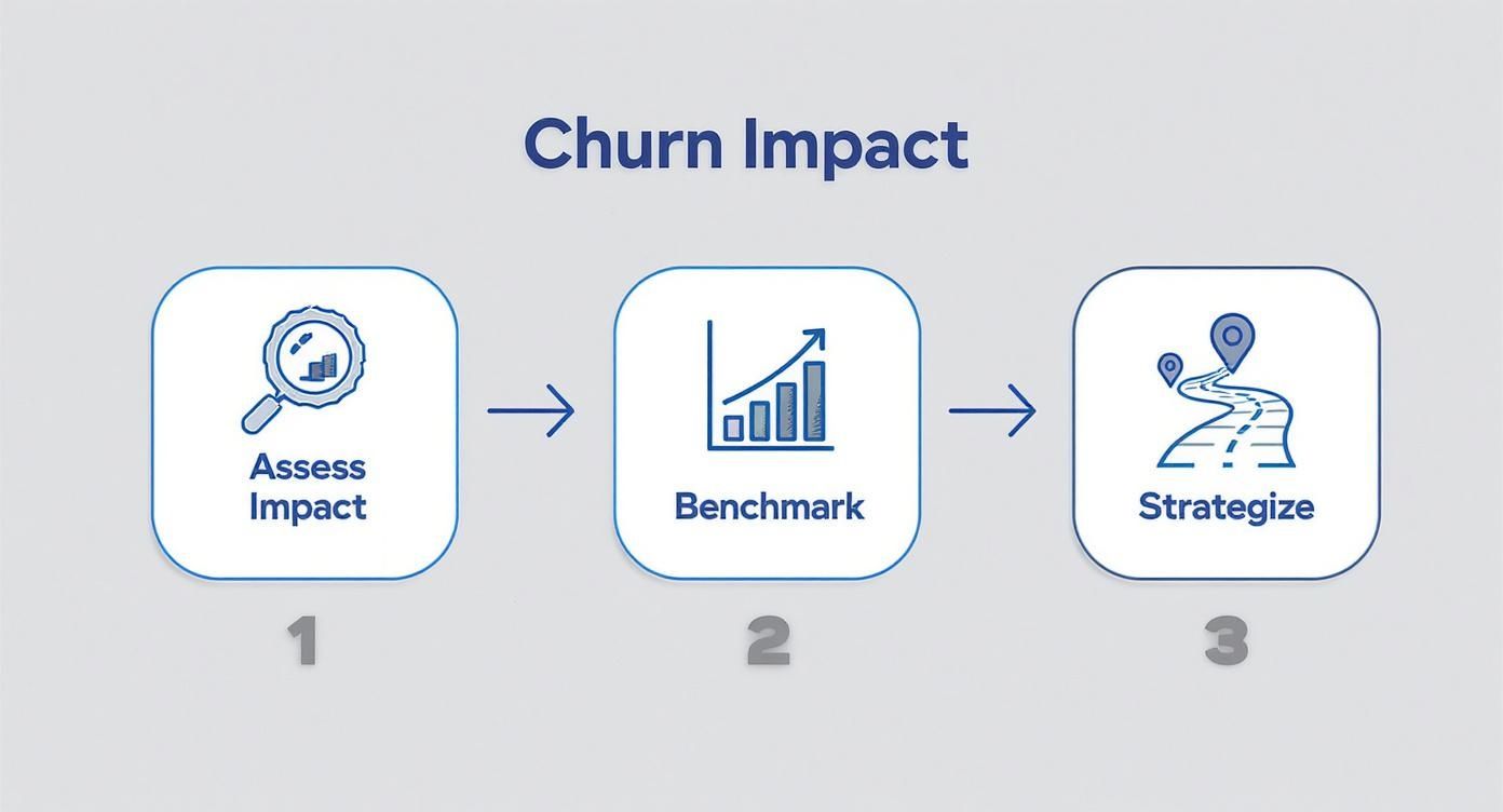 Three-step churn impact framework showing assess impact, benchmark performance, and strategize retention solutions