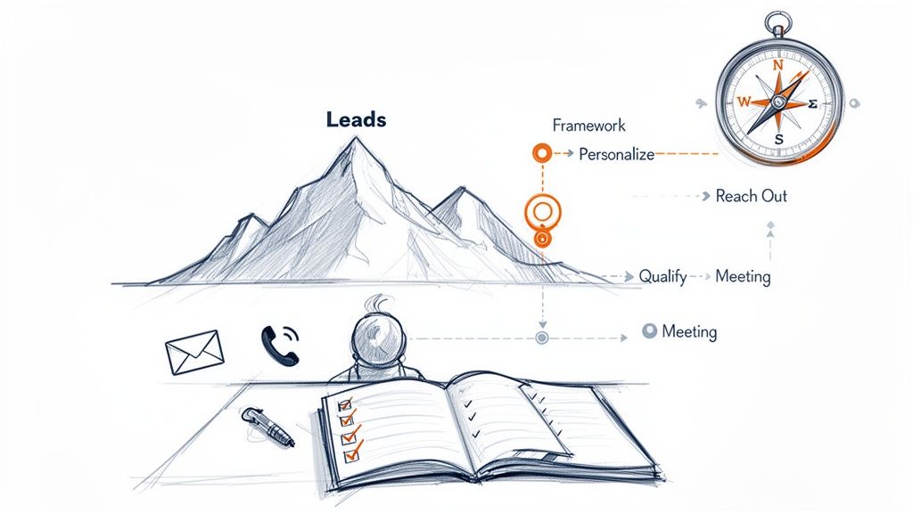 A sketch illustrating a digital marketing and sales lead management process with steps and a compass.