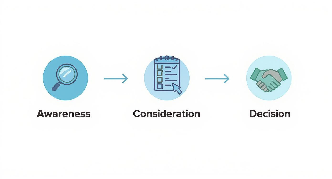 A three-stage customer journey diagram with icons for Awareness (magnifying glass), Consideration (checklist), and Decision (handshake).