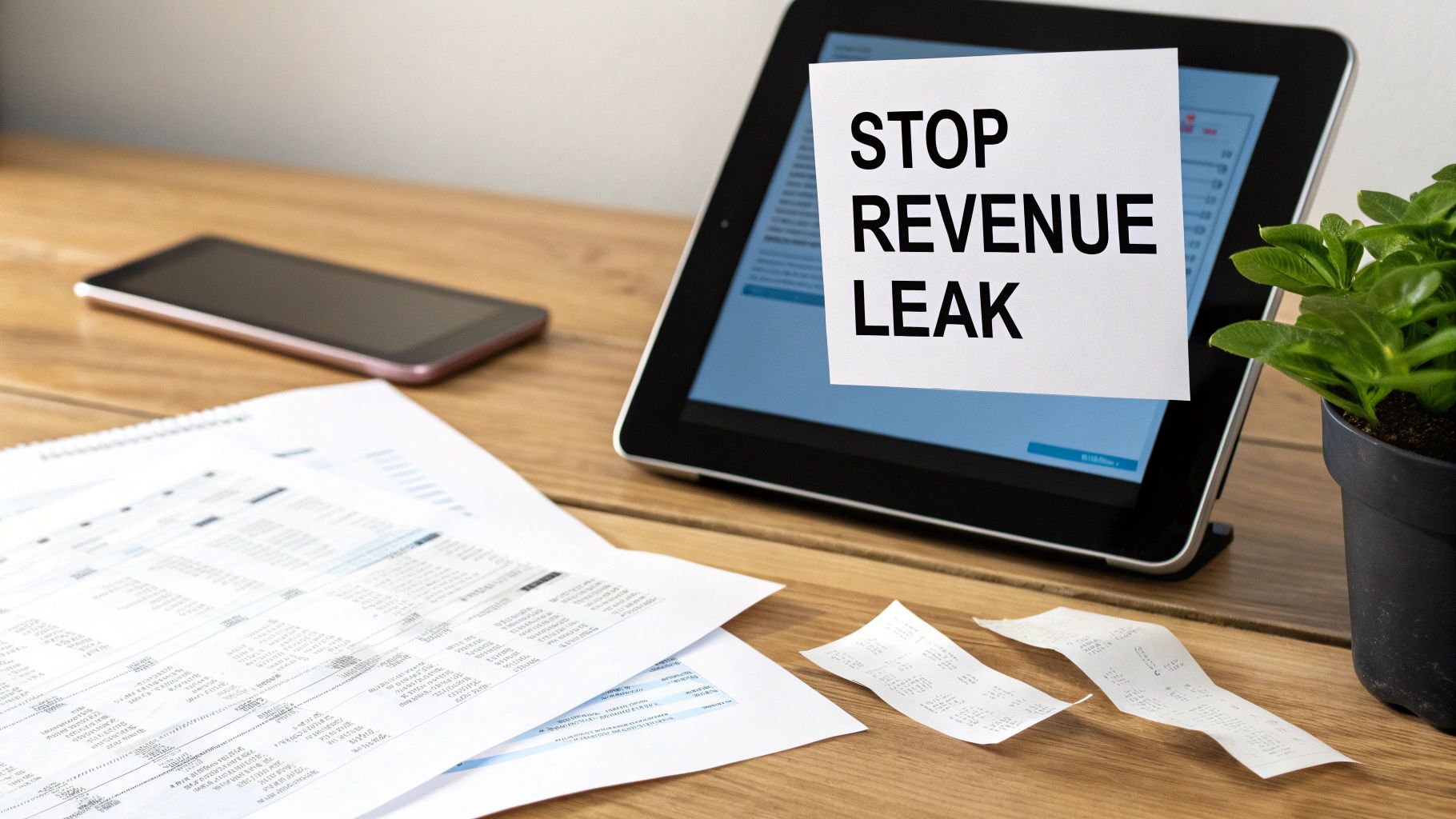 Tablet displaying stop revenue leak message on desk with financial documents and smartphone