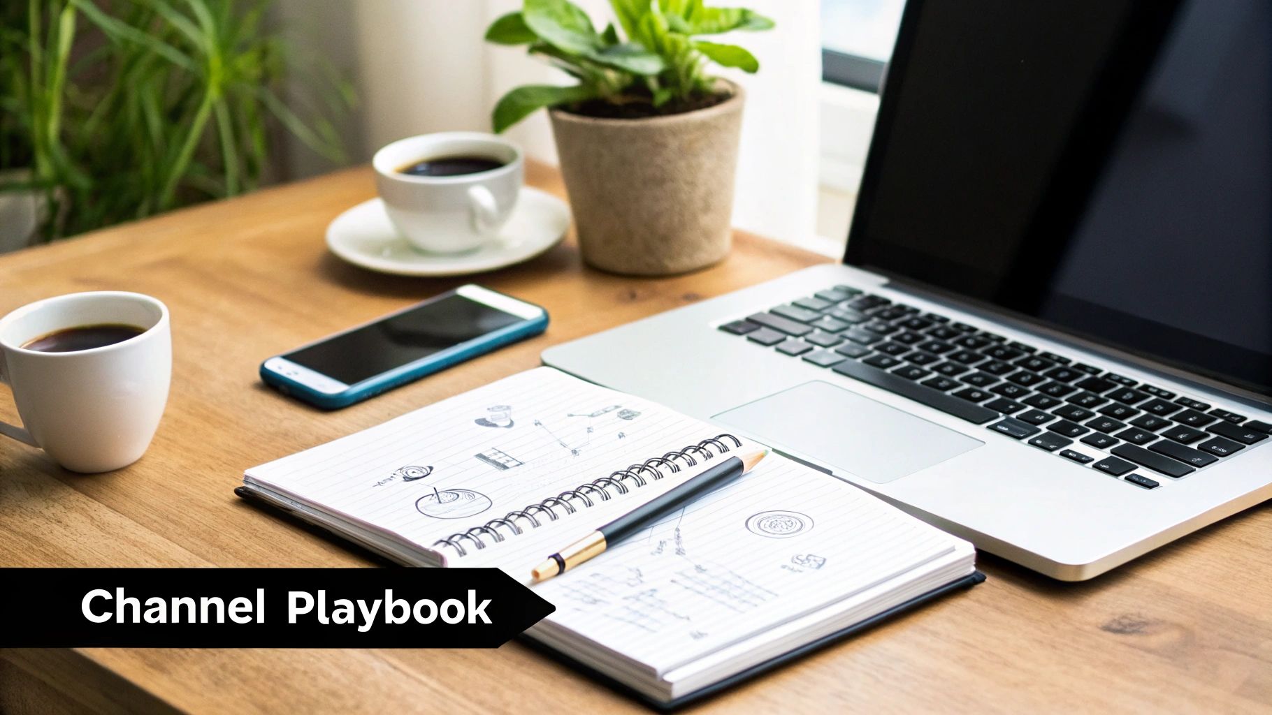 Business workspace with laptop, spiral notebook with sketches, coffee cups, smartphone, and small plant on wooden desk