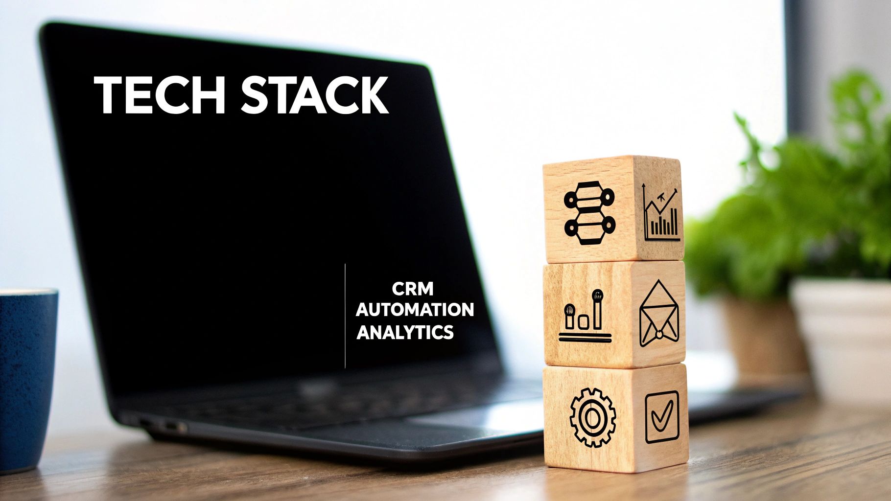 Wooden blocks displaying tech stack icons including CRM automation and analytics tools on office desk