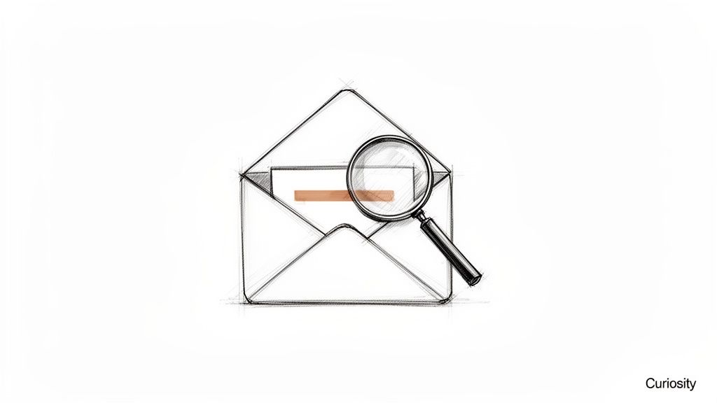 Hand-drawn sketch of an open email envelope with a magnifying glass examining its content.