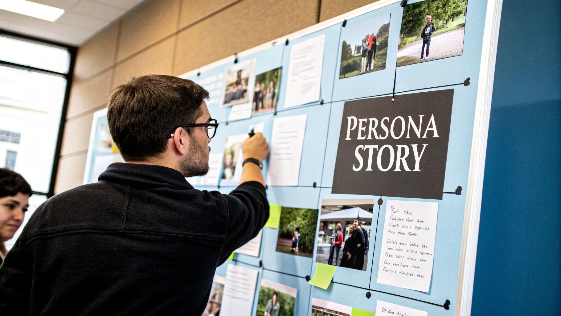 A team in a modern office looking at a strategic plan on a whiteboard, symbolizing the activation of buyer personas across departments.